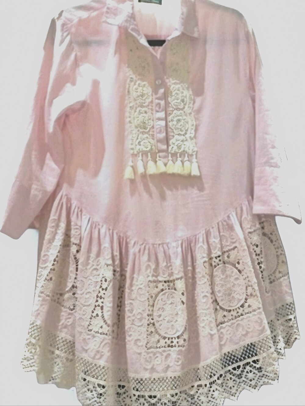 Antica Sartoria NWOT Tunic Dress OS Pink/White Lace Sequins Pompoms Stunner🩷